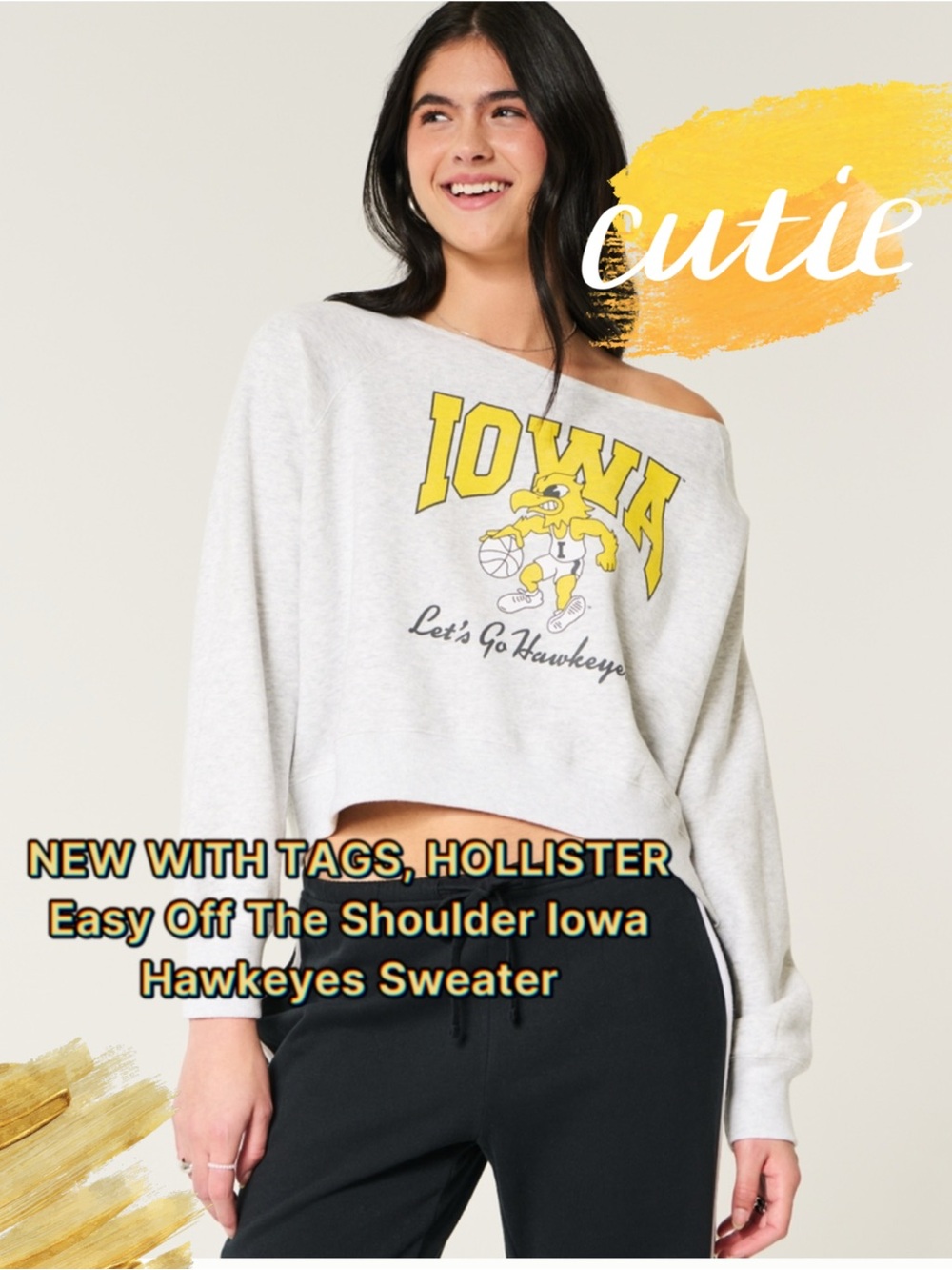 NWTS Hollister Light Gray Off-Shoulder Iowa Graphic Sweatshirt with Yellow Print